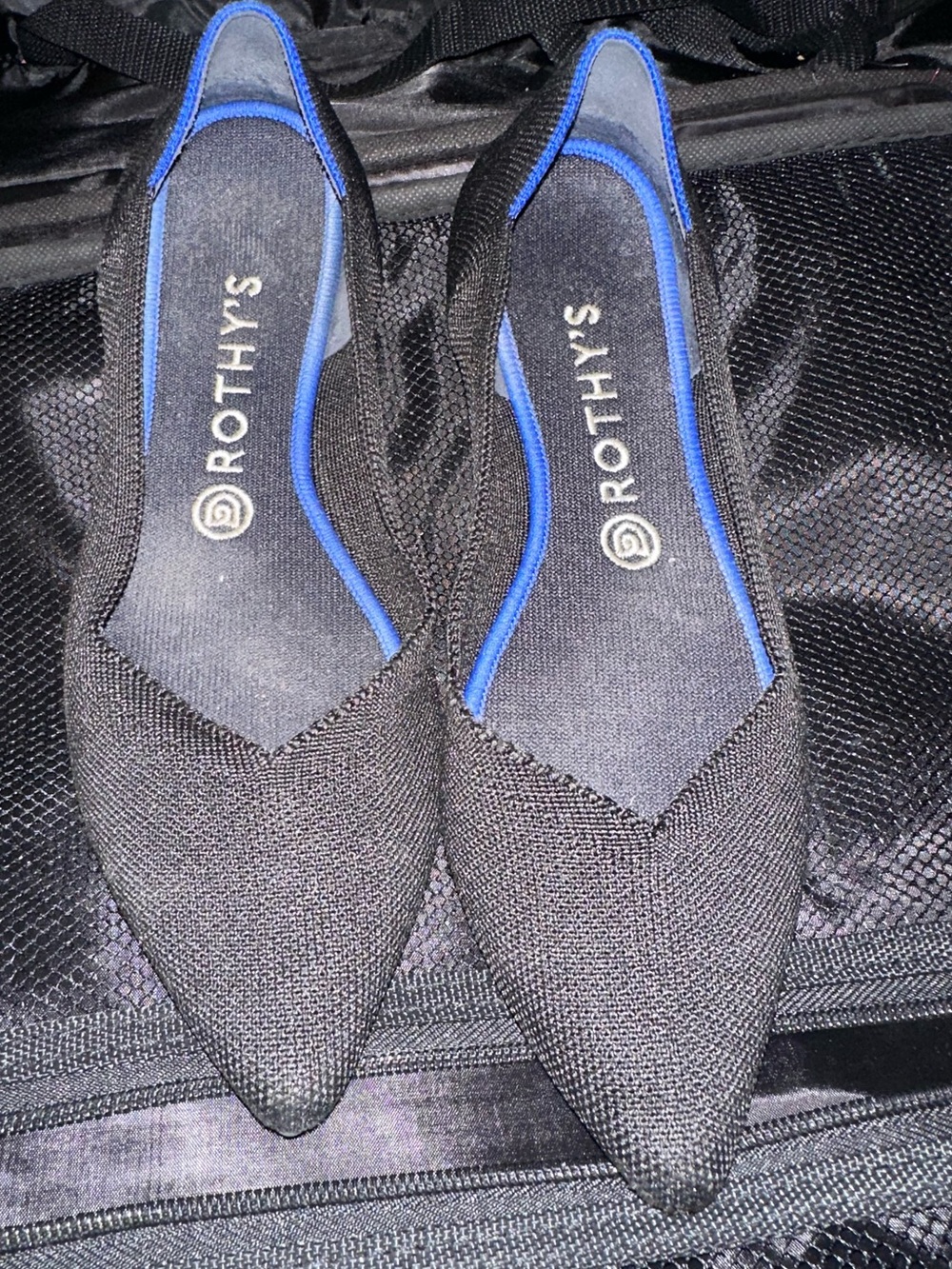 Rothy's Black Pointed-Toe Slip-On Flats with Blue Trim 9?